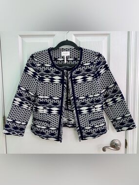 Laundry By Shelli Segal Navy and White Fringe Open-Front Jacket